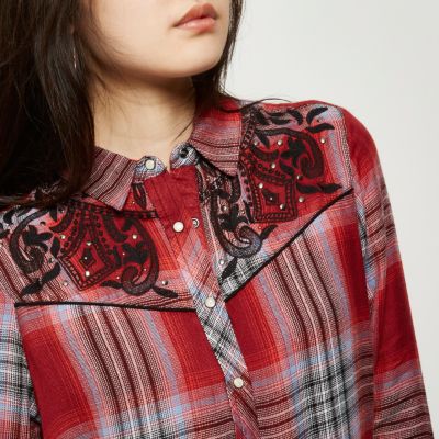 Red check western embroidered shirt